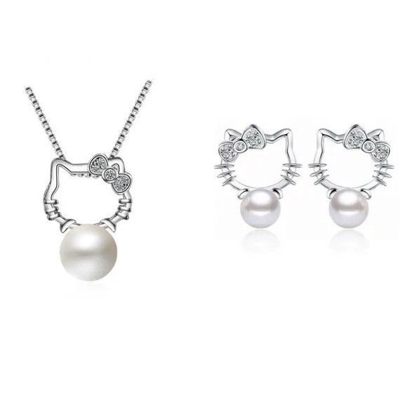 Hello Kitty Set Faux Pearls in 925 Sterling Silver. NWOT - Picture 1 of 10